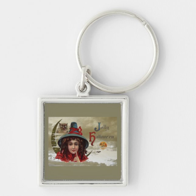 Vintage Jolly Halloween Witch Square Key Chain (Front)