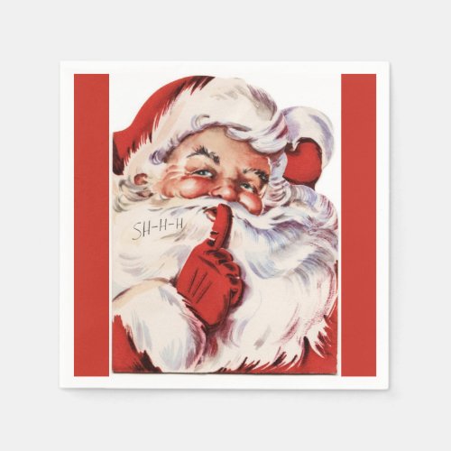 Vintage Jolly Old Santa Shhh Red Paper Napkins