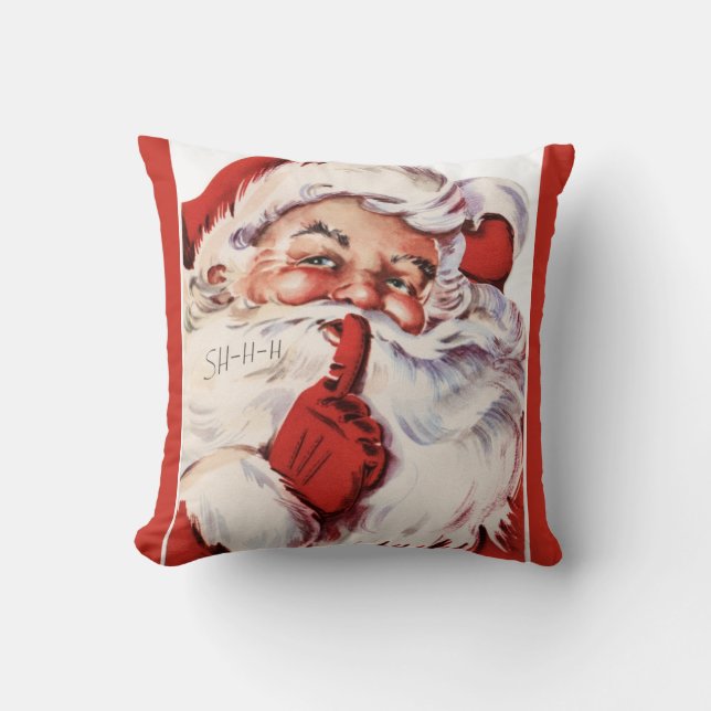 Vintage Jolly Old Santa Shhh Red Throw Pillow (Front)