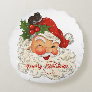 Vintage jolly Santa Claus Merry Christmas retro  Round Pillow