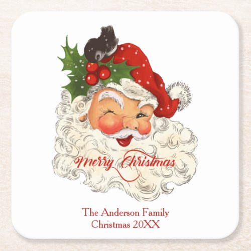 Vintage jolly Santa Claus Merry Christmas  Square Paper Coaster