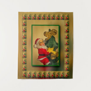 Vintage Jolly Santa on Christmas Tree, Gold, Green Tapestry