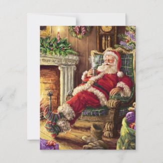 Vintage Jolly Santa Sitting by Fireplace Holiday Card