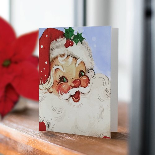 Vintage Jolly Santa Watercolor Christmas Holiday Card