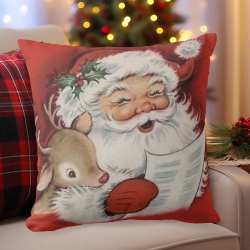 Vintage Jolly Santa with Baby Rudolf Christmas Throw Pillow