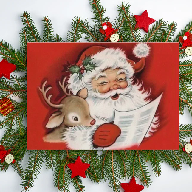 Vintage Jolly Santa with Baby Rudolf Custom Holiday Card | Zazzle