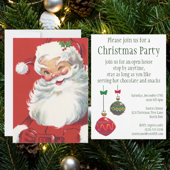 Santa Comic Invitations Vintage Jolly Winking Santa Claus, Christmas Party Invitation | Zazzle