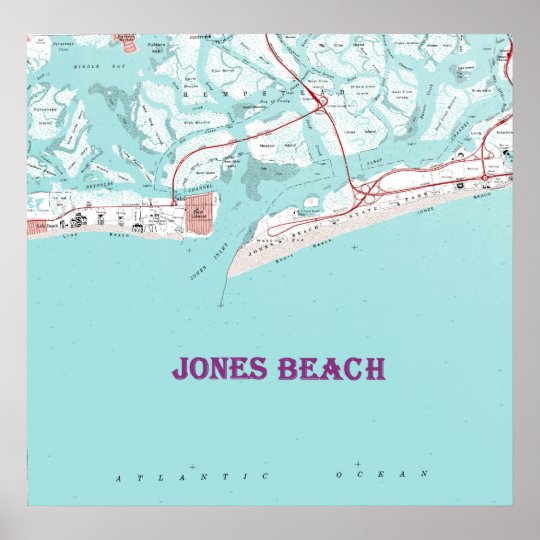 Vintage Jones Beach New York Map on Canvas Large F Poster