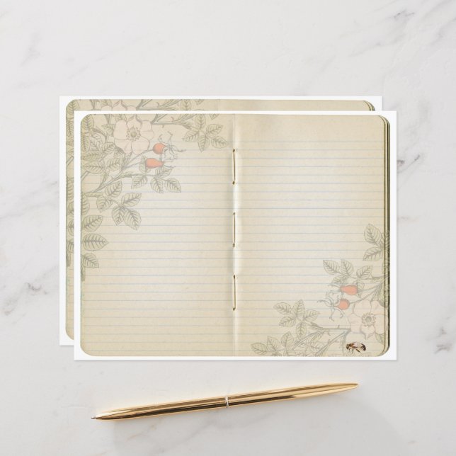 Vintage Journal Page Wild Rose Bee Scrapbook (Front/Back In Situ)