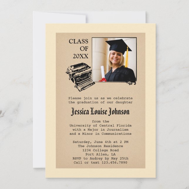 Vintage Journalism Graduation Photo Invitation (Front)