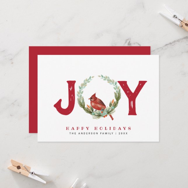 Vintage Joy Red Bird Wreath Greeting Card (Front/Back In Situ)