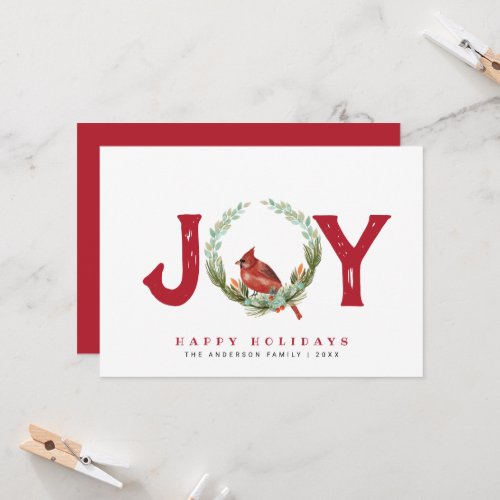 Vintage Joy Red Bird Wreath Greeting Card