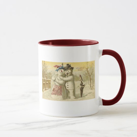 Vintage Joyeux Noel Snowman & Woman Card Mug