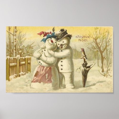 Vintage Joyeux Noel Snowman  Woman Card Poster