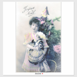 Vintage Joyeux Noël with Girl and Doll Sticker