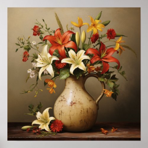 Vintage Jug with Flowers II Poster