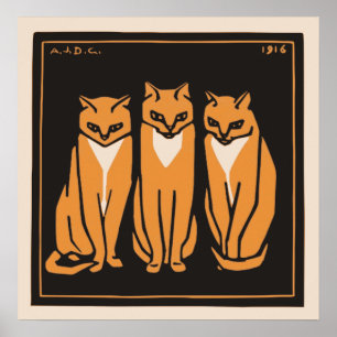 Vintage Julie De Graag Three Cats Trio Art Deco Poster
