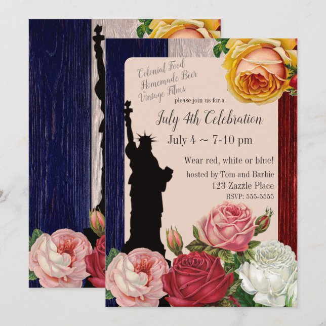Vintage July 4th Day Roses Invitation (Front/Back)