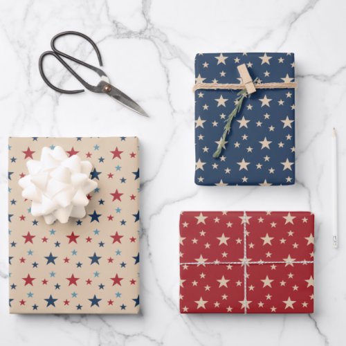 Vintage July 4th Stars Pattern Red Blue Beige Wrapping Paper Sheets