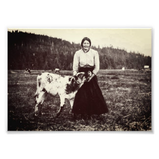 Vintage Juneau Dairy Woman with Cow Photo Print