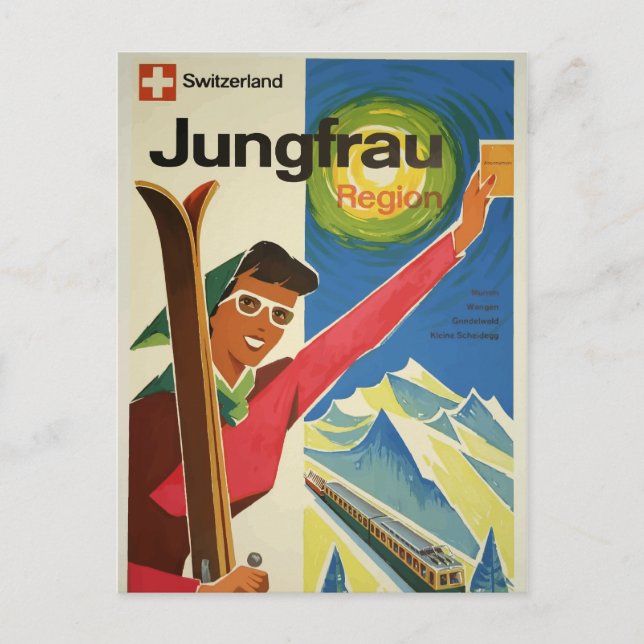 Vintage Jungfrau Switzerland Skiing Travel Postcard (Front)