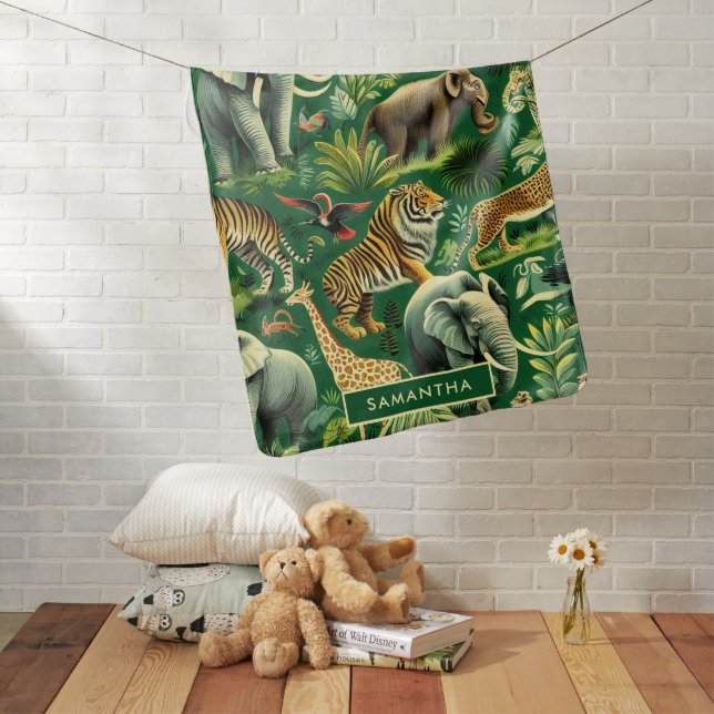 Vintage Jungle Animals Pattern Baby Blanket (In Situ)