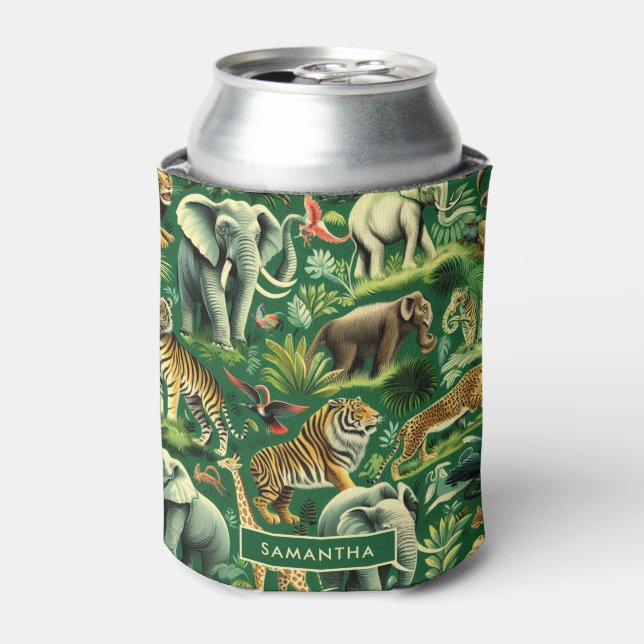 Vintage Jungle Animals Pattern Can Cooler (Can Front)