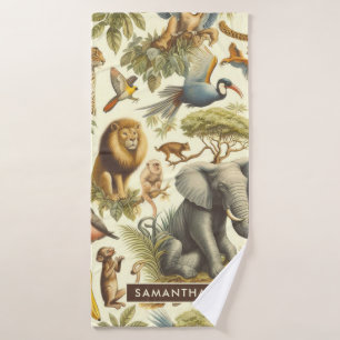 Vintage Jungle Animals Watercolor Bath Towel