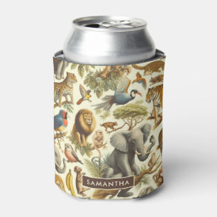 Vintage Jungle Animals Watercolor Can Cooler