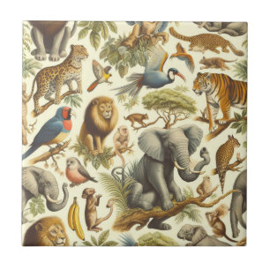 Vintage Jungle Animals Watercolor Ceramic Tile