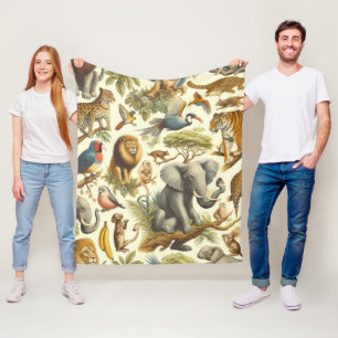 Vintage Jungle Animals Watercolor Fleece Blanket