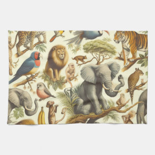 Vintage Jungle Animals Watercolor Kitchen Towel