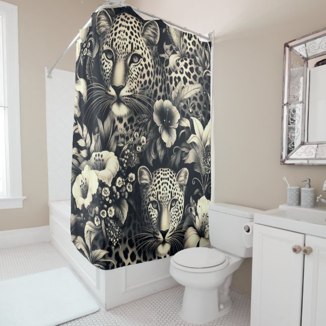 Vintage Jungle Jaguar Shower Curtain (In Situ)