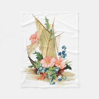 Vintage Junk Style Sailboat with Flowers Fleece Blanket