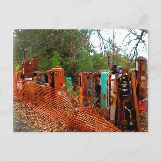 Vintage Junk Yard Gas Pumps Postcard (Front)