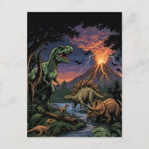 Vintage Jurassic Dinosaur Rex and Triceratops Postcard