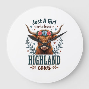 Vintage Just A Girl Who Loves Highland Cows Floral Large Clock