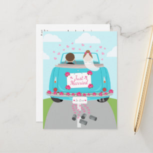 Vintage Just Married Blue Pink Getaway Car Wedding Announcement Postcard
