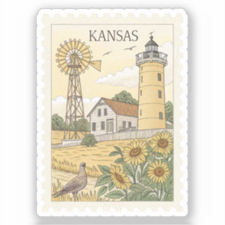 Vintage Kansas Sunflower Windmill Lighthouse Stamp Sticker