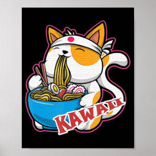 vintage kawaii cat eating ramen anime retro Japane Poster