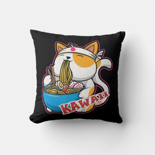 vintage kawaii cat eating ramen anime retro Japane Throw Pillow