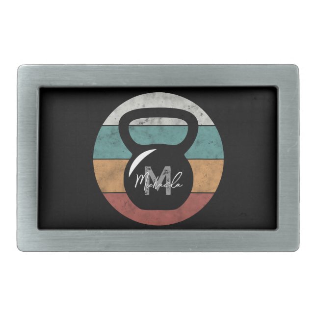Vintage kettlebell custom monogram name initial belt buckle (Front)