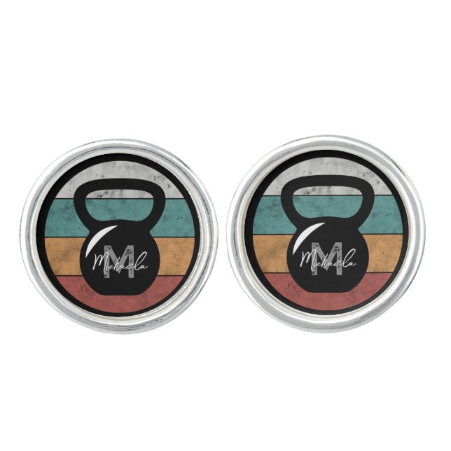 Vintage kettlebell custom monogram name initial cufflinks (Front)