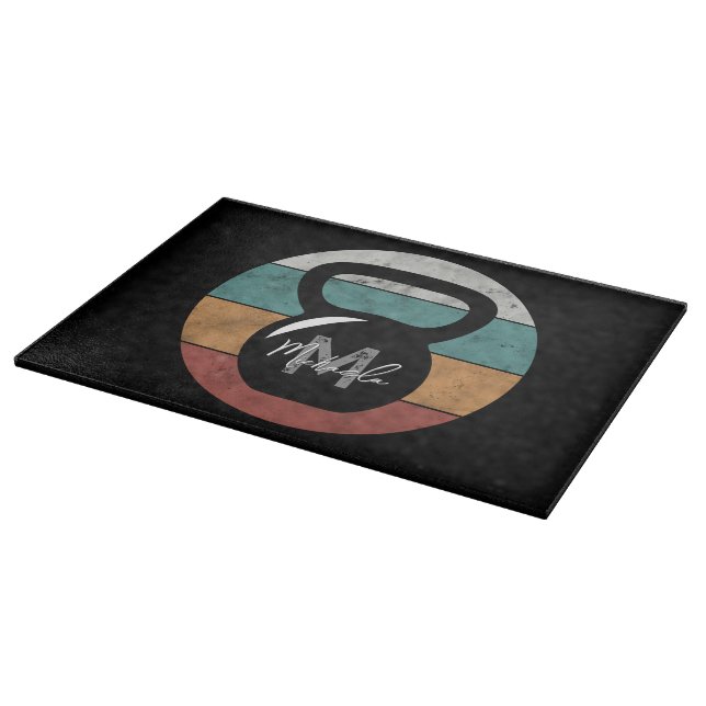 Vintage kettlebell custom monogram name initial cutting board (Corner)
