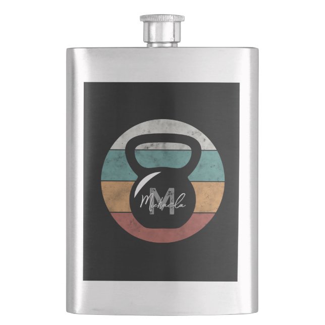 Vintage kettlebell custom monogram name initial flask (Front)
