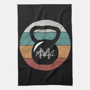 Vintage kettlebell custom monogram name initial kitchen towel
