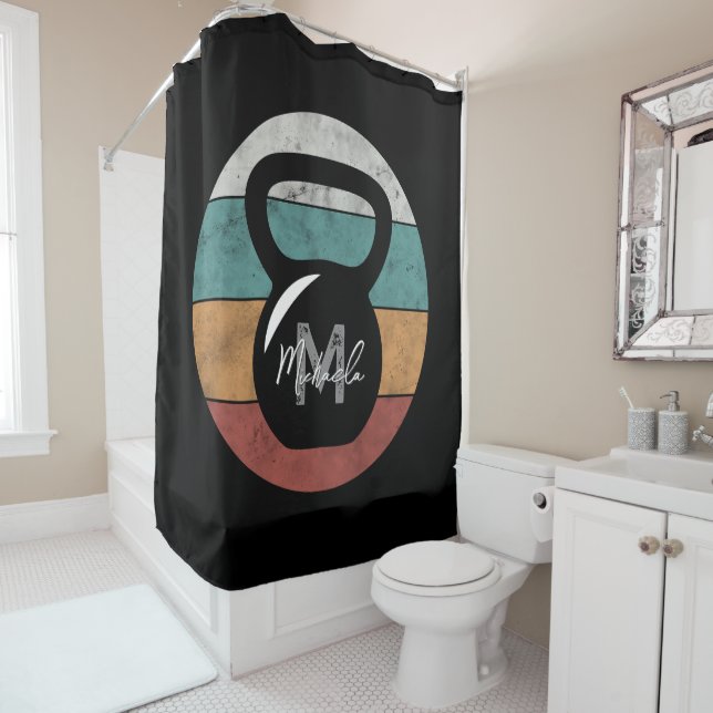 Vintage kettlebell custom monogram name initial shower curtain (In Situ)