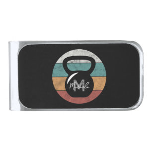 Vintage kettlebell custom monogram name initial silver finish money clip