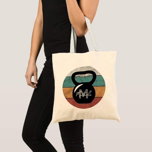 Vintage kettlebell custom monogram name initial tote bag (Front (Product))