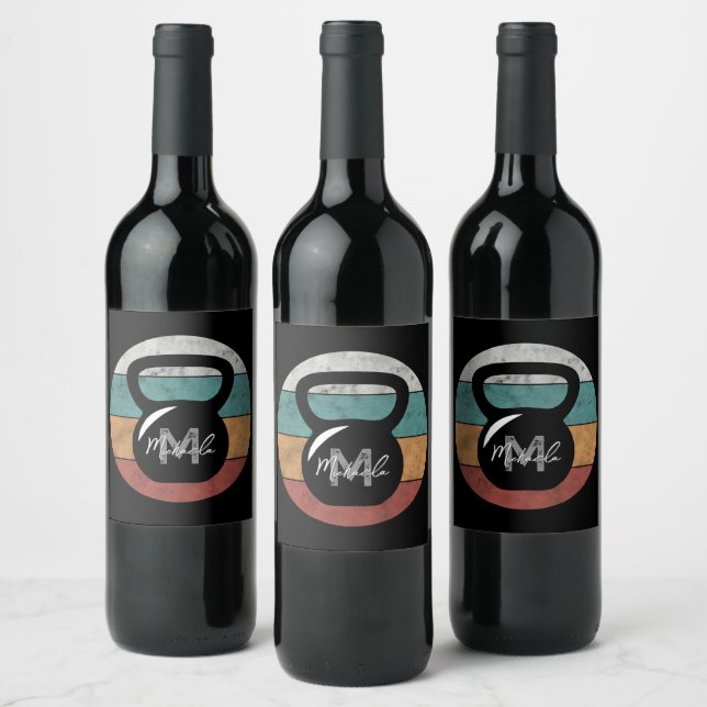 Vintage kettlebell custom monogram name initial wine label (Bottles)